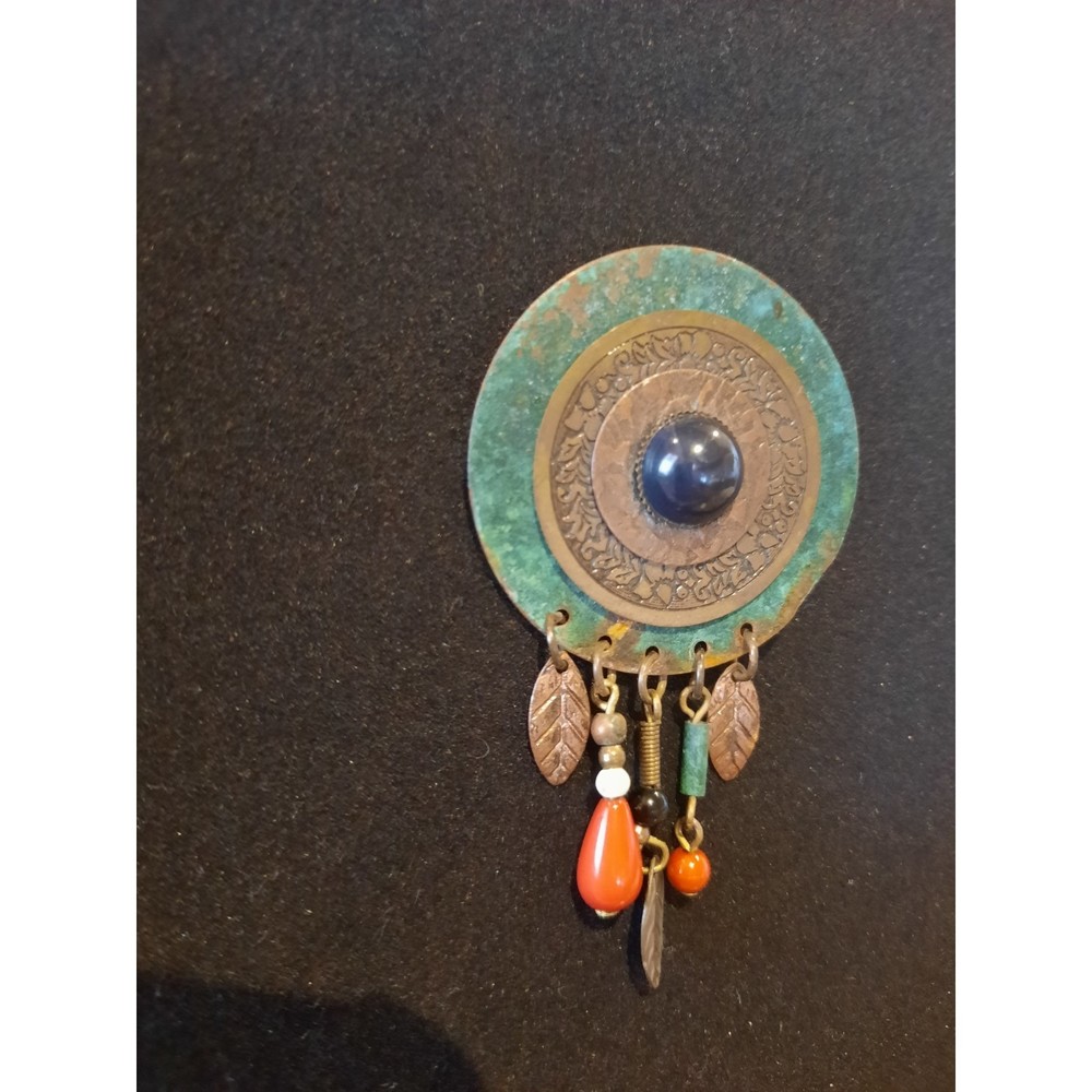 VTG Brass and Bead Brooch with Brass Feather Accents, Unmarked